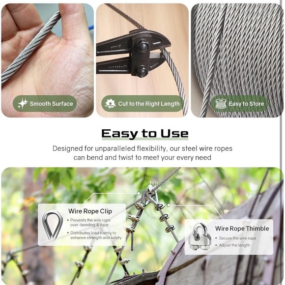 1/4" T304 Stainless Steel Wire Rope Cable 7x19 250FT Heavy Duty Clips Thimbles - Picture 4 of 9